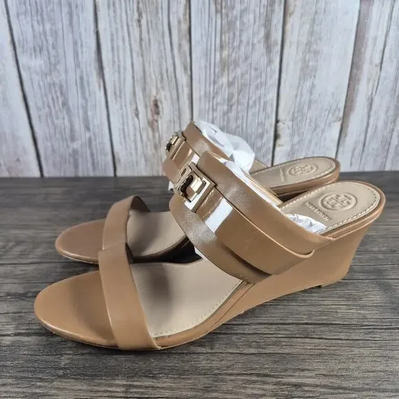 Tory Burch GIGI 65mm Wedge Royal Tan Leather Sandals Open Toe Women's Sz 11 M - Picture 1 of 9